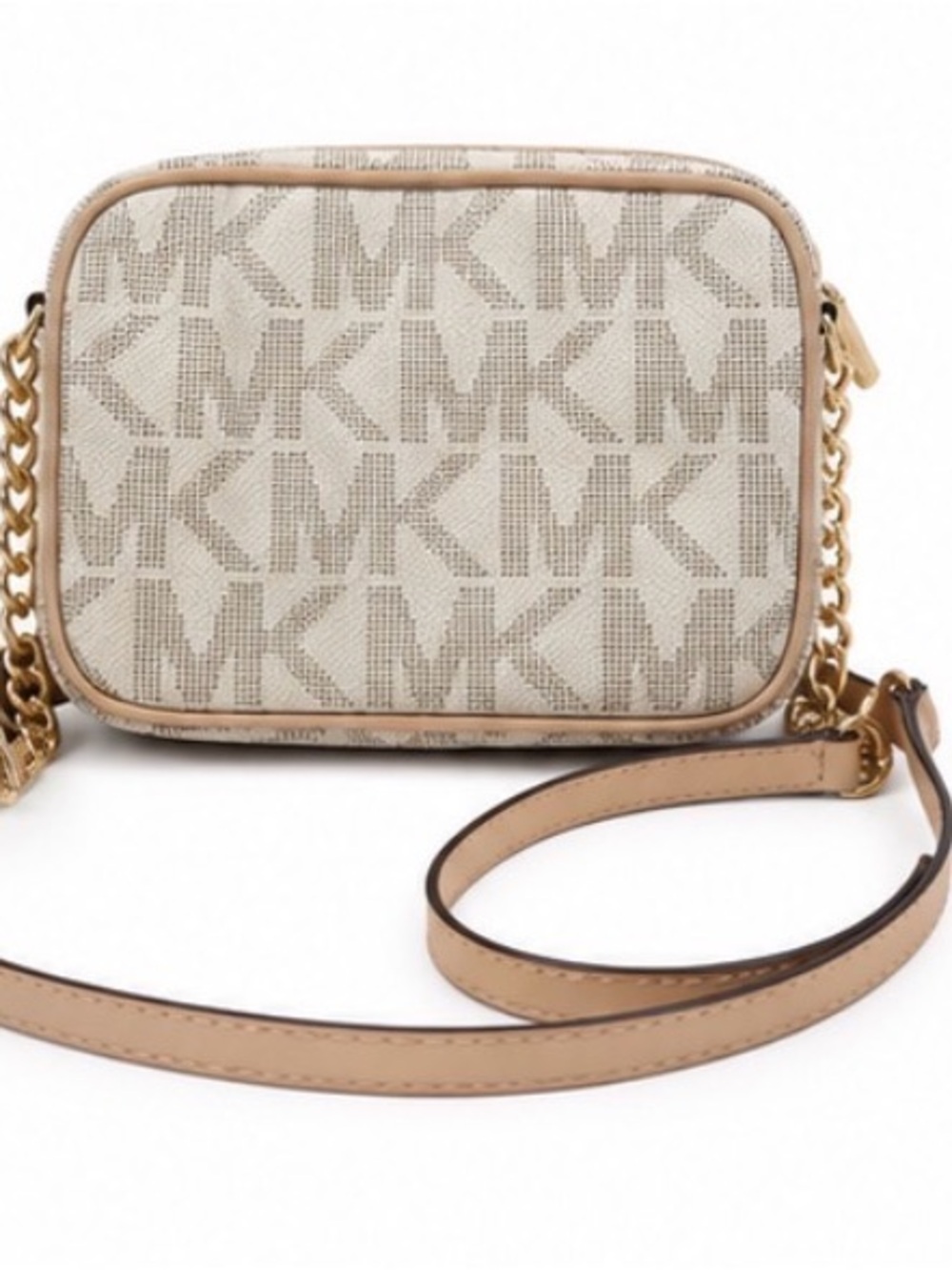 Michael Kors Embossed MK Logo Crossbody in Cream and Tan - Picture 3 of 14